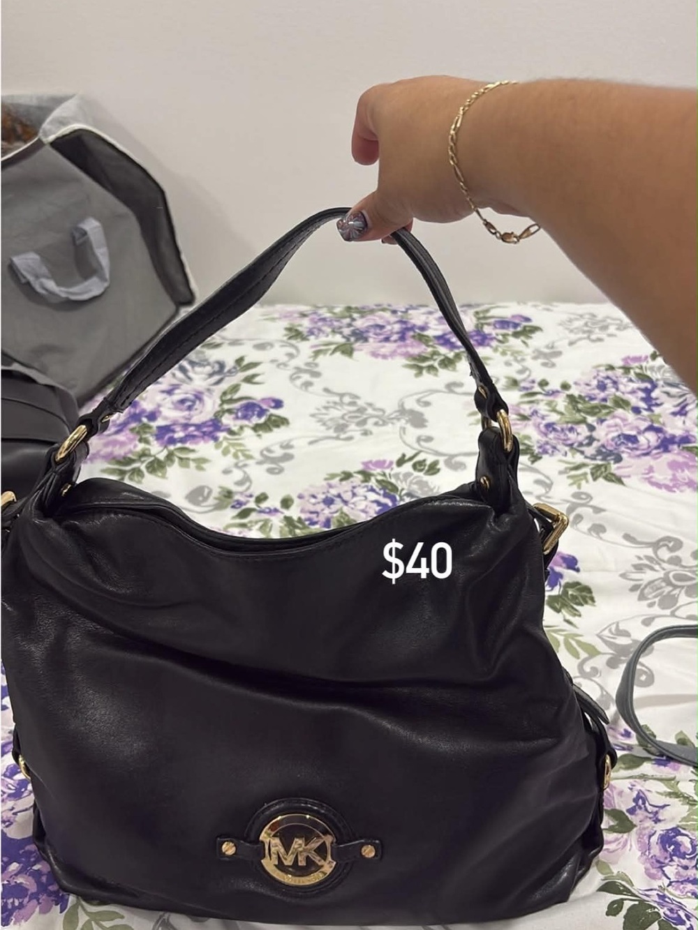 Michael Kors Black Leather Hobo Shoulder Bag with Gold Hardware